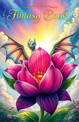 A fantasy book cover featuring a beautiful, oversized flower in vivid colors, with intricate details on its petals