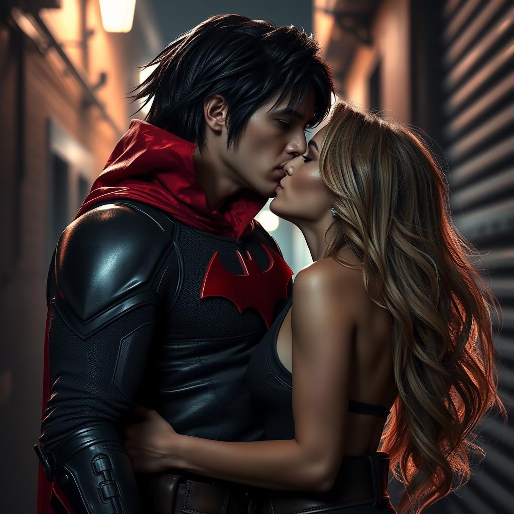 A striking scene featuring Jason Todd with black hair accented by white streaks at the front, dressed in his Red Hood costume adorned with the iconic red Batman symbol