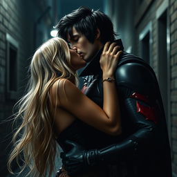 A striking scene featuring Jason Todd with black hair accented by white streaks at the front, dressed in his Red Hood costume adorned with the iconic red Batman symbol