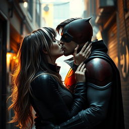 A striking scene featuring Jason Todd with black hair accented by white streaks at the front, dressed in his Red Hood costume adorned with the iconic red Batman symbol