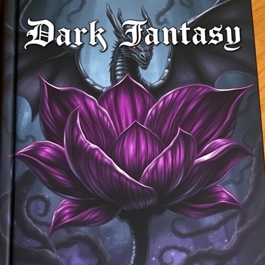 A dark fantasy book cover featuring an oversized, ominous flower with deep, rich colors like dark purple and black, exuding an eerie glow