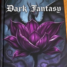 A dark fantasy book cover featuring an oversized, ominous flower with deep, rich colors like dark purple and black, exuding an eerie glow