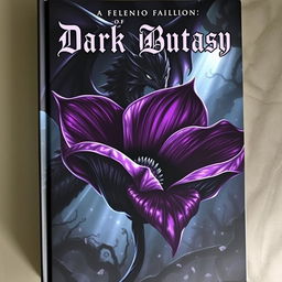 A dark fantasy book cover featuring an oversized, ominous flower with deep, rich colors like dark purple and black, exuding an eerie glow