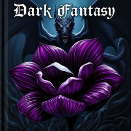 A dark fantasy book cover featuring an oversized, ominous flower with deep, rich colors like dark purple and black, exuding an eerie glow