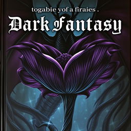 A dark fantasy book cover featuring an oversized, ominous flower with deep, rich colors like dark purple and black, exuding an eerie glow