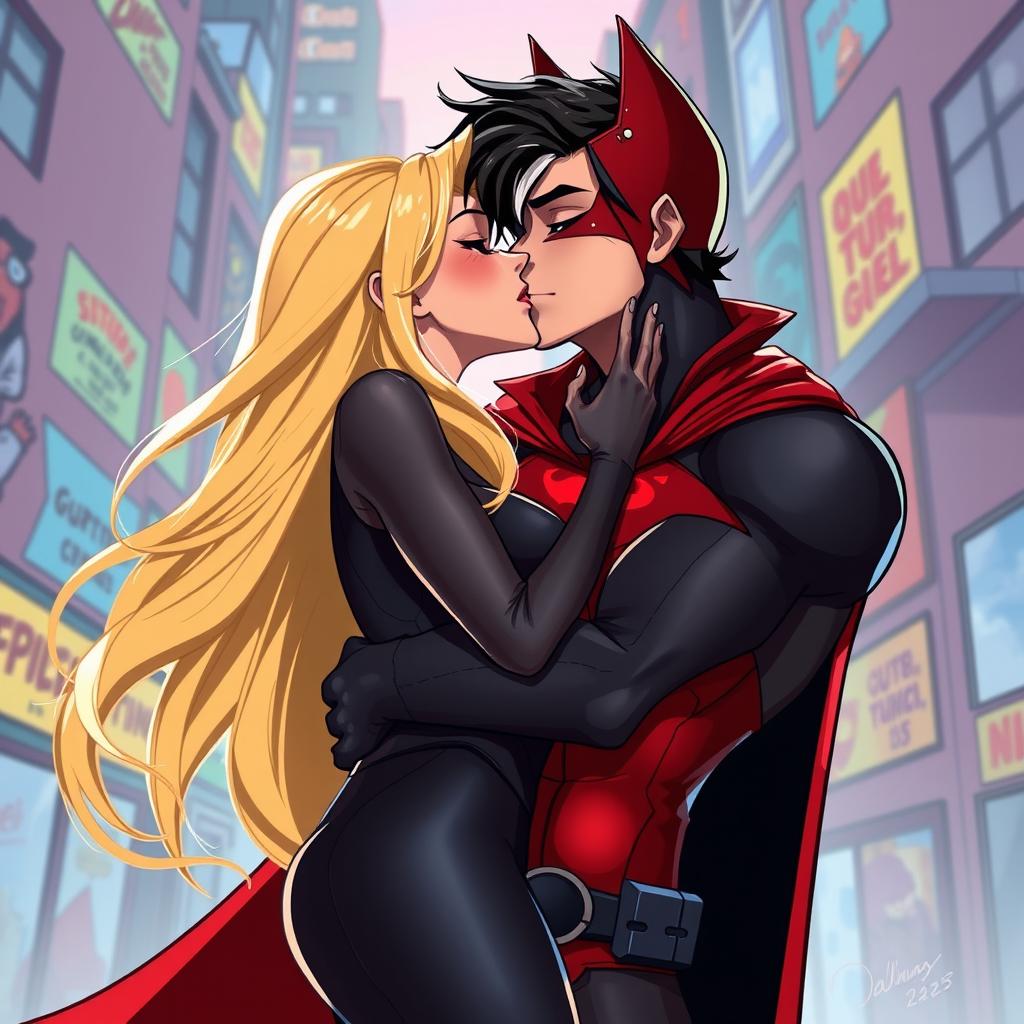 A vibrant 2D animation style scene featuring Jason Todd, characterized by black hair with white streaks at the front, wearing his Red Hood costume embellished with the red Batman symbol