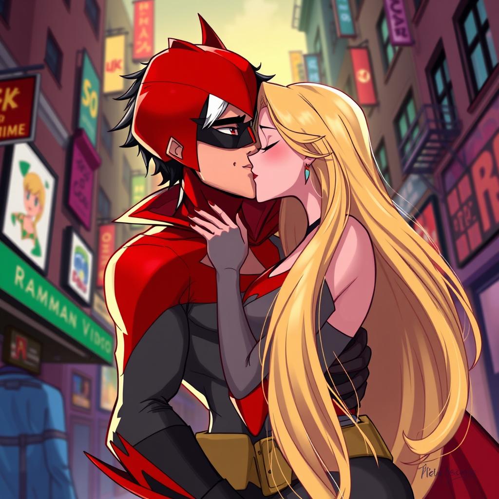 A vibrant 2D animation style scene featuring Jason Todd, characterized by black hair with white streaks at the front, wearing his Red Hood costume embellished with the red Batman symbol