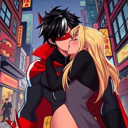 A vibrant 2D animation style scene featuring Jason Todd, characterized by black hair with white streaks at the front, wearing his Red Hood costume embellished with the red Batman symbol