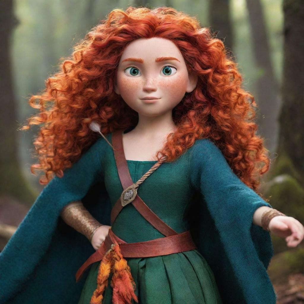 A vivid cartoon portrayal of Merida from Brave, donned in an adventurous feather-themed costume that complements her fiery spirit and bold personality.