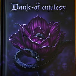 A dark fantasy book cover featuring a captivating oversized flower with deep, rich hues of dark purple and black, surrounded by a mystical aura