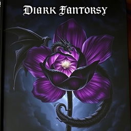 A dark fantasy book cover featuring a captivating oversized flower with deep, rich hues of dark purple and black, surrounded by a mystical aura