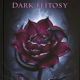 A dark fantasy book cover featuring a captivating oversized flower with deep, rich hues of dark purple and black, surrounded by a mystical aura