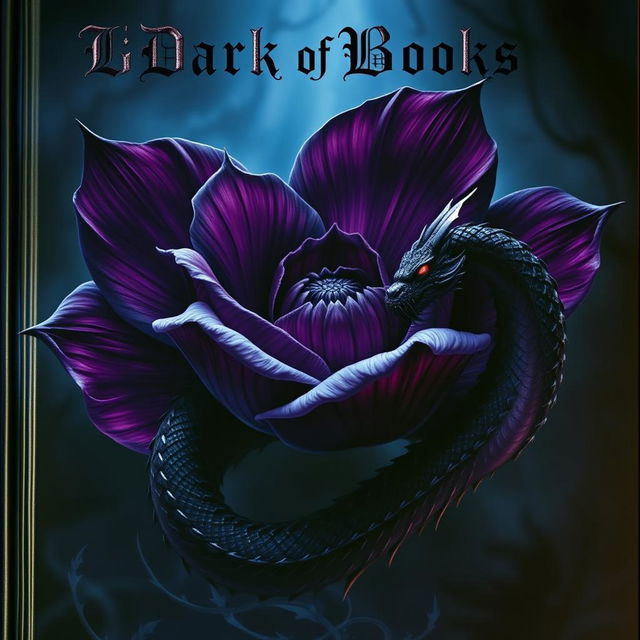 A dark fantasy book cover featuring a captivating oversized flower with deep, rich hues of dark purple and black, surrounded by a mystical aura