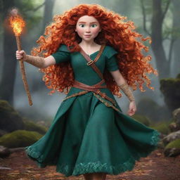 A vivid cartoon portrayal of Merida from Brave, donned in an adventurous feather-themed costume that complements her fiery spirit and bold personality.