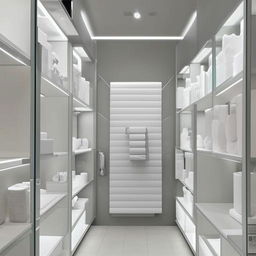 Design a well-organized, clean, and modern interior of a sanitary shop, showcasing variety of sanitary ware in a neat display with ample lighting.