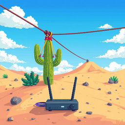 Pixel art illustration of a zip line in a desert landscape, viewed from a side profile perspective