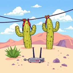 Pixel art illustration of a zip line in a desert landscape, viewed from a side profile perspective