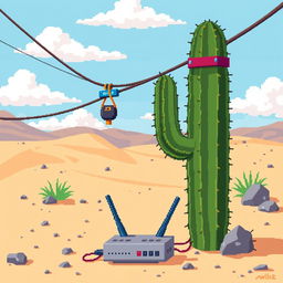 Pixel art illustration of a zip line in a desert landscape, viewed from a side profile perspective