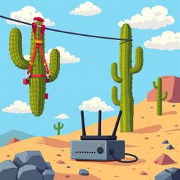 Pixel art illustration of a zip line in a desert landscape, viewed from a side profile perspective