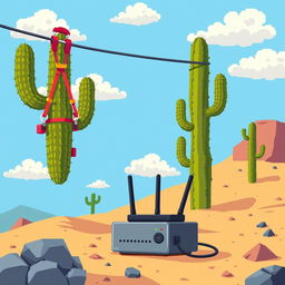 Pixel art illustration of a zip line in a desert landscape, viewed from a side profile perspective