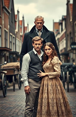 A couple, a husband and wife, standing with a concerned look on their faces, with a sinister-looking father figure looming behind them, set against a historical backdrop reminiscent of the Dutch colonial era