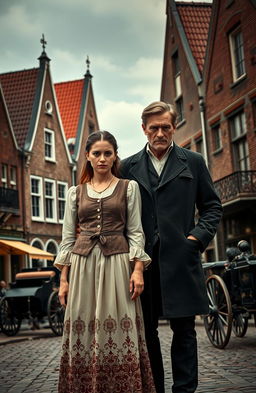 A couple, a husband and wife, standing with a concerned look on their faces, with a sinister-looking father figure looming behind them, set against a historical backdrop reminiscent of the Dutch colonial era