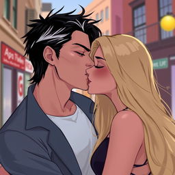 A 2D illustration featuring Jason Todd, a man with black hair and white streaks in the front, leaning in to kiss a woman with long, blonde hair