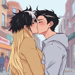 A 2D illustration featuring Jason Todd, a man with black hair and white streaks in the front, leaning in to kiss a woman with long, blonde hair