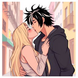 A 2D illustration featuring Jason Todd, a man with black hair and white streaks in the front, leaning in to kiss a woman with long, blonde hair