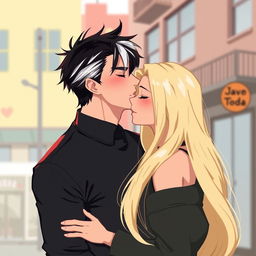 A 2D illustration featuring Jason Todd, a man with black hair and white streaks in the front, leaning in to kiss a woman with long, blonde hair