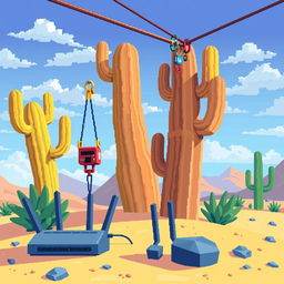 Pixel art illustration of a zip line in a desert landscape, viewed from a side profile in a 2D style