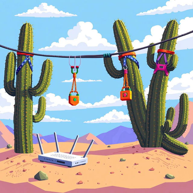 Pixel art illustration of a zip line in a desert landscape, viewed from a side profile in a 2D style