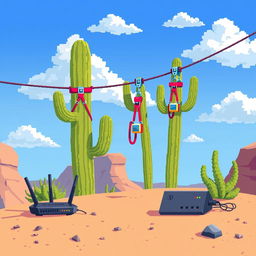 Pixel art illustration of a zip line in a desert landscape, viewed from a side profile in a 2D style