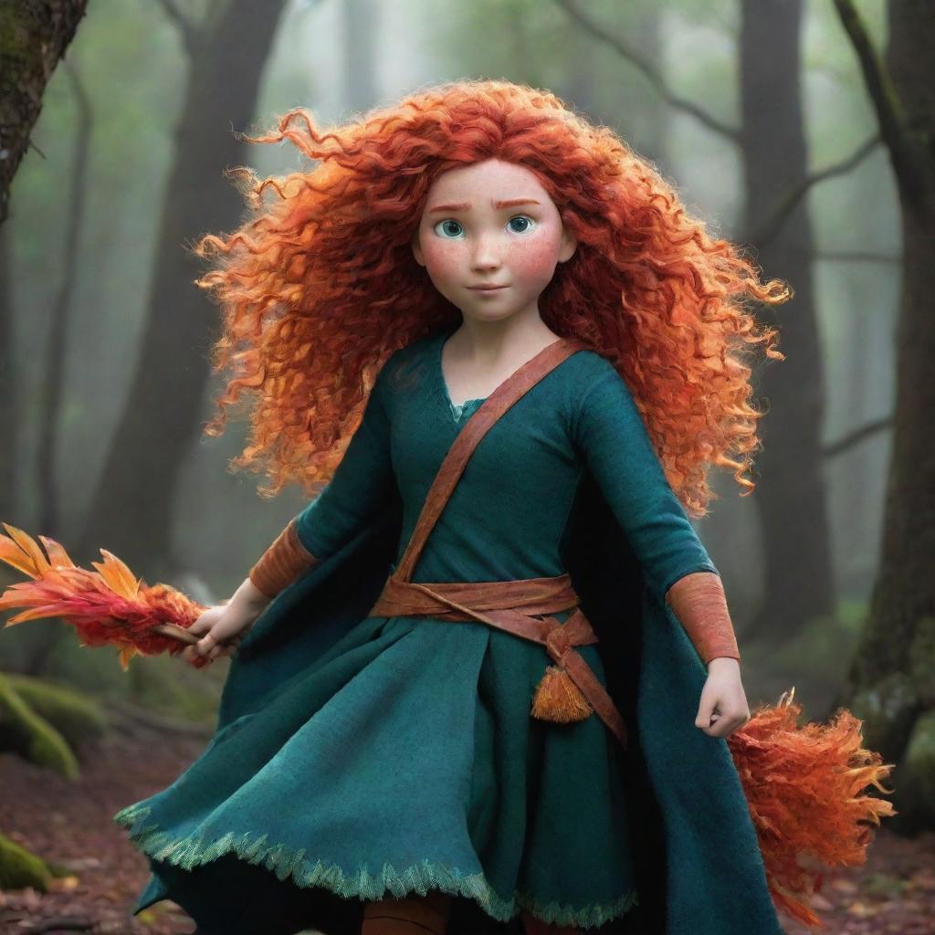 A vivid cartoon portrayal of Merida from Brave, donned in an adventurous feather-themed costume that complements her fiery spirit and bold personality.