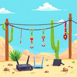 Pixel art illustration of a zip line in a desert landscape, viewed from a side profile in a 2D style