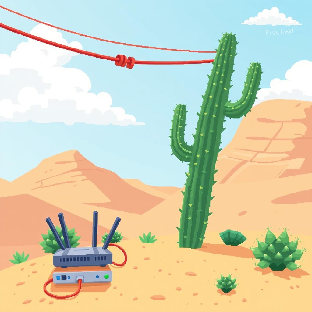 Pixel art illustration of a zip line in a desert landscape, designed from a side profile in a 2D style