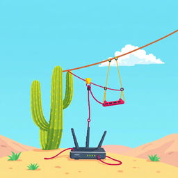 Pixel art illustration of a zip line in a desert landscape, designed from a side profile in a 2D style