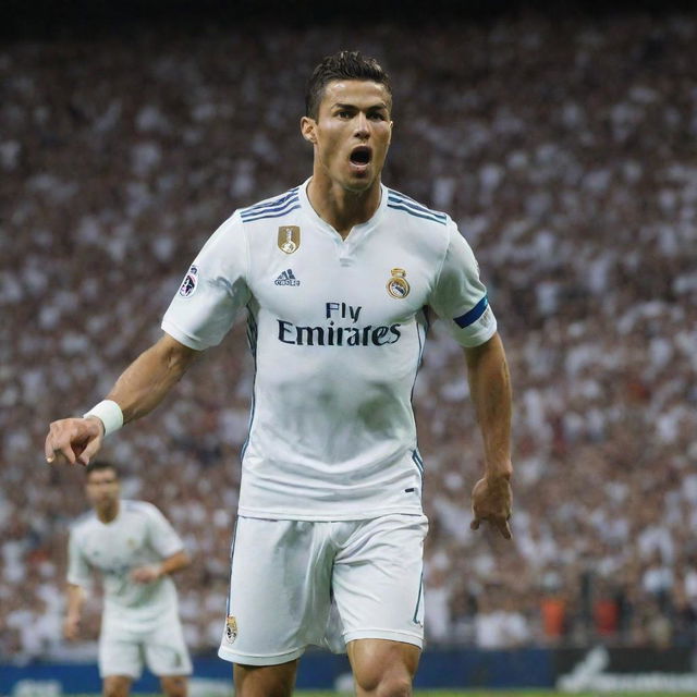 Cristiano Ronaldo sporting his Real Madrid kit, ready to take a powerful shot, in the famous Santiago Bernabeu Stadium filled with cheering fans.