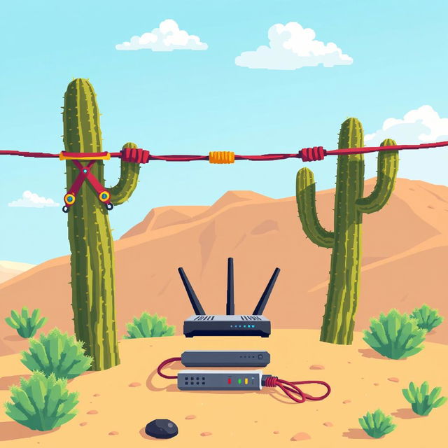 Pixel art illustration of a zip line in a desert landscape, designed from a side profile in a 2D style