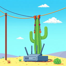 Pixel art illustration of a zip line in a desert landscape, designed from a side profile in a 2D style