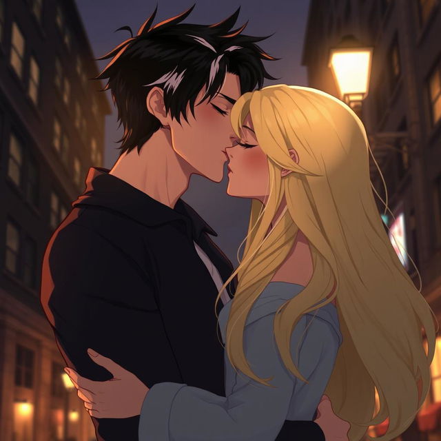 A 2D illustration depicting Jason Todd, a man with black hair featuring two white streaks in the front, gently kissing a woman with long, flowing blonde hair