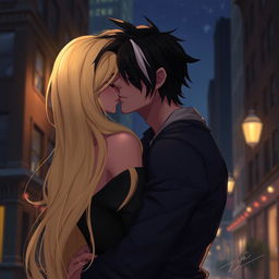 A 2D illustration depicting Jason Todd, a man with black hair featuring two white streaks in the front, gently kissing a woman with long, flowing blonde hair