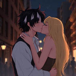 A 2D illustration depicting Jason Todd, a man with black hair featuring two white streaks in the front, gently kissing a woman with long, flowing blonde hair