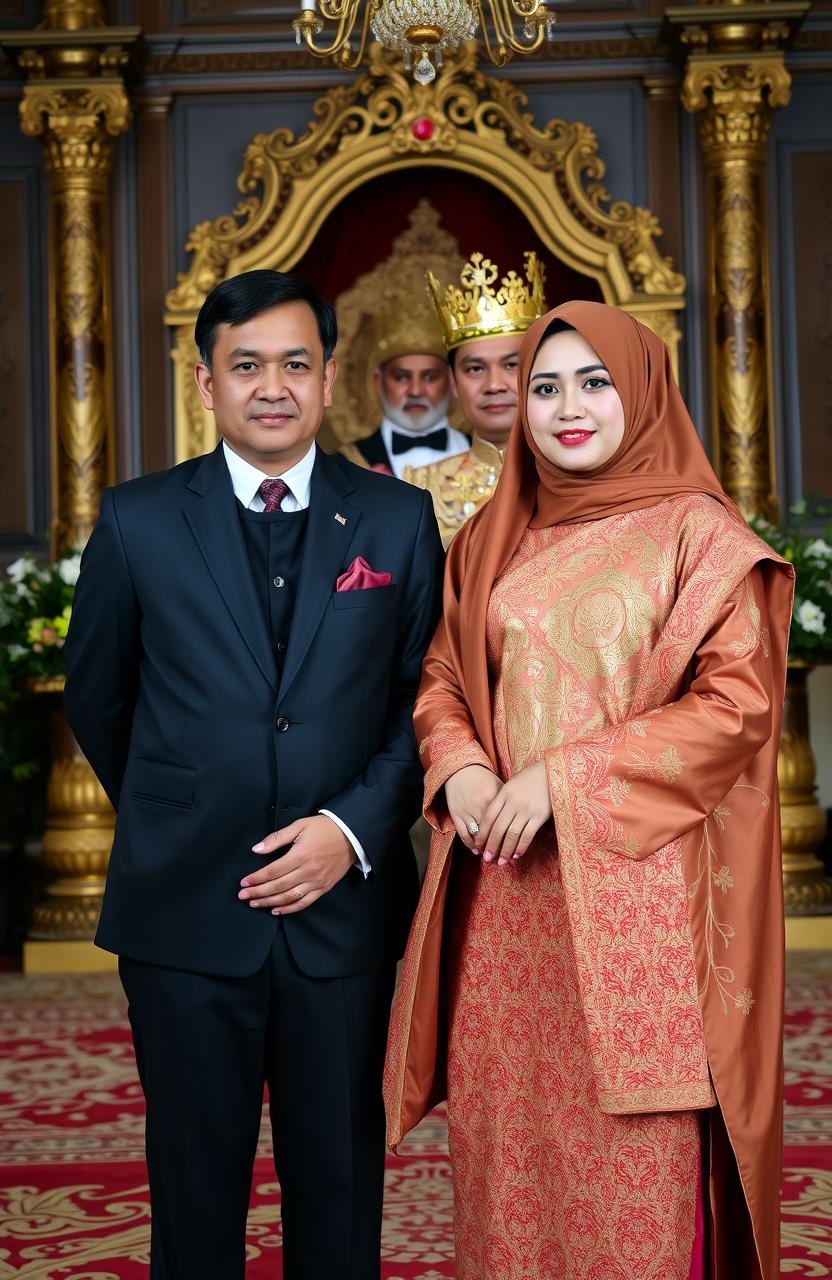 A couple, a husband and wife, standing together in a regal setting