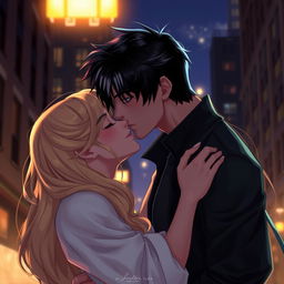 A 2D illustration depicting Jason Todd, a man with black hair featuring two white streaks in the front, gently kissing a woman with long, flowing blonde hair