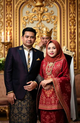 A couple, a husband and wife, standing together in a regal setting