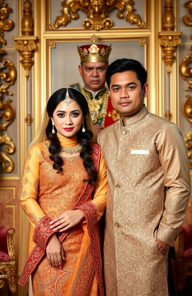 A couple, a husband and wife, standing together in a regal setting