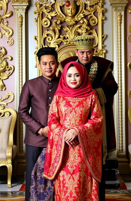 A couple, a husband and wife, standing together in a regal setting