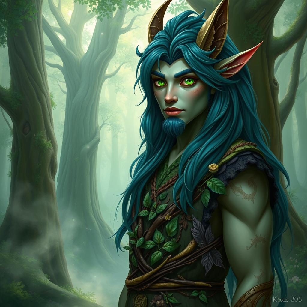 A detailed portrait of Kaus, a mystical creature with a blend of human and animal features, standing in a lush enchanted forest