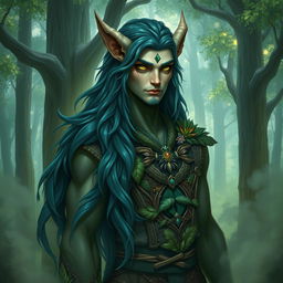 A detailed portrait of Kaus, a mystical creature with a blend of human and animal features, standing in a lush enchanted forest